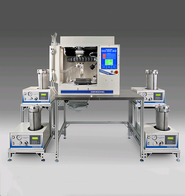 Comco LA3250 Advanced Lathe Automated MicroBlasting System with PowerFlo micro-precision sandblasters.