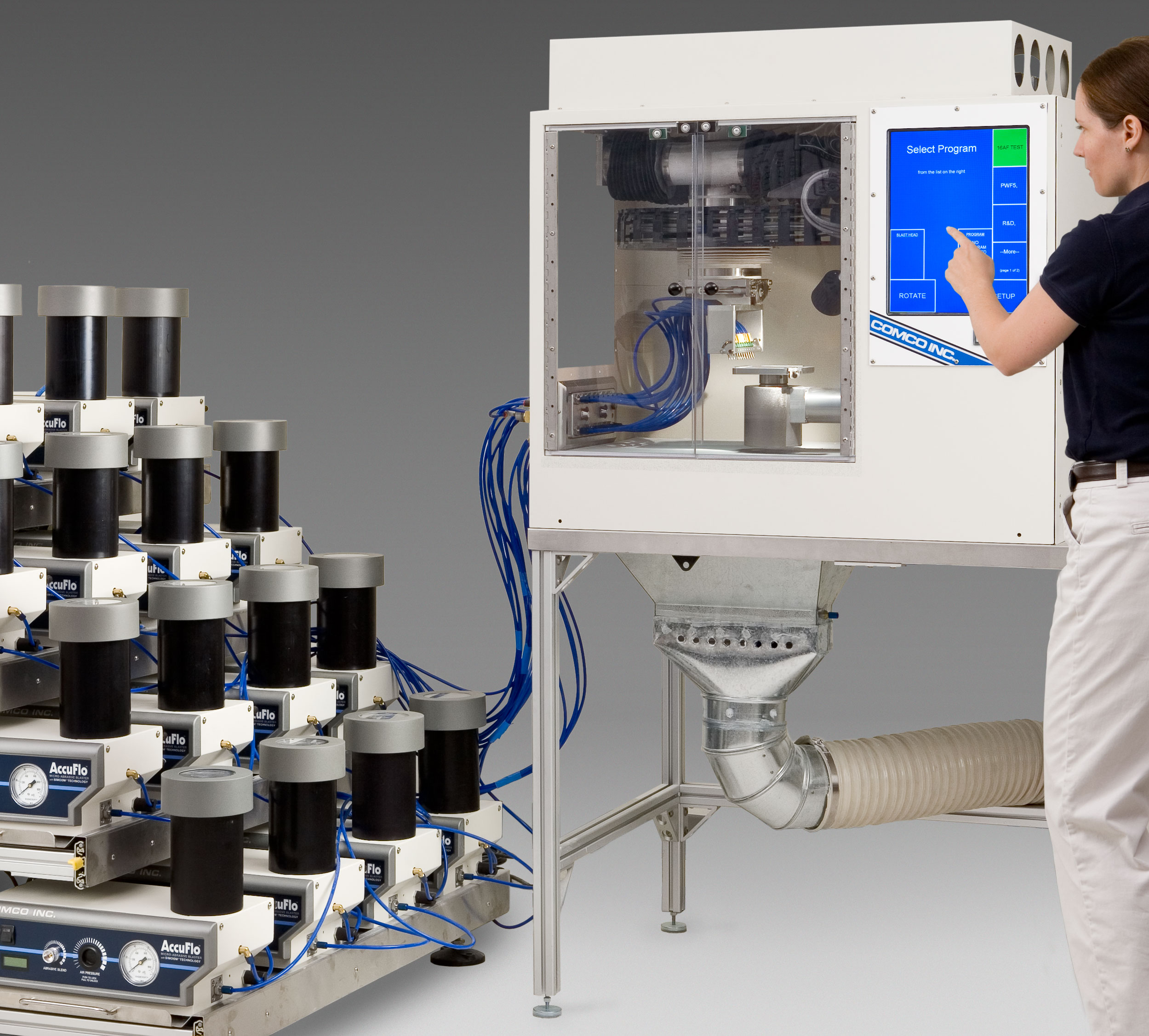 LA3250 Comco Automated MicroBlasting System with multiple AccuFlo micro-precision sandblasters