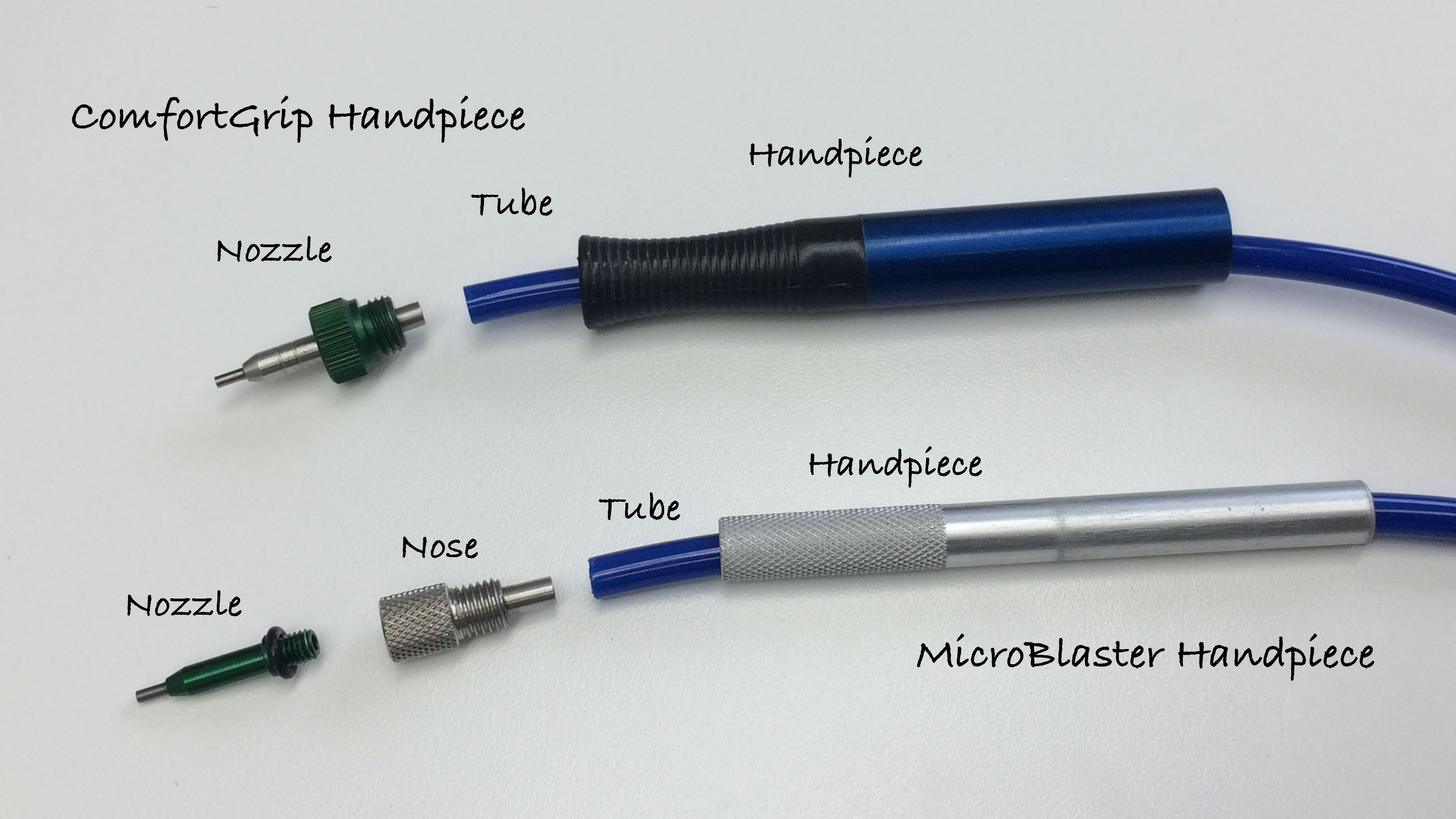The MicroBlaster consists of a nozzle, nose and handpiece tube; the ComfortGrip handpiece consists of the nozzle and handpiece tube