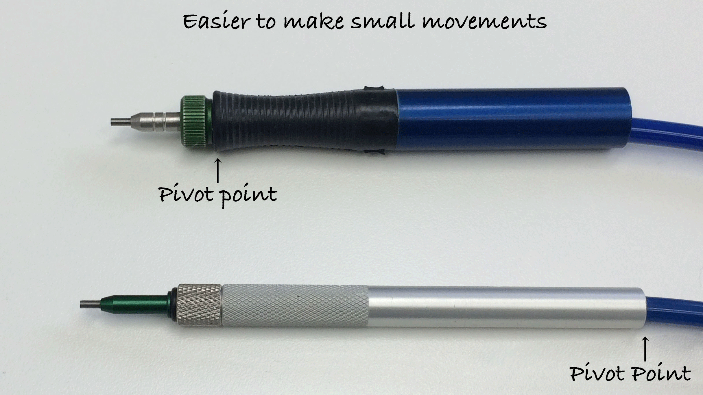 The ComfortGrip handpiece pivots at the nozzle; the MicroBlaster handpiece pivots at the end of the handpiece tube